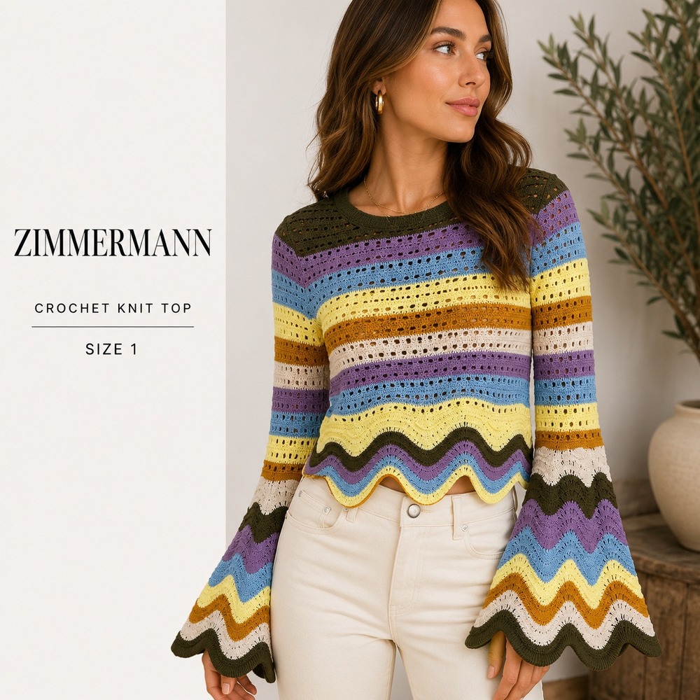 Zimmermann Raie Crochet Knit Top Size 1 Small 4/6 Striped Bell Sleeve Cotton